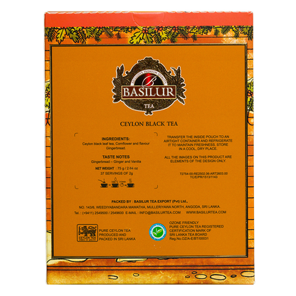 Tylna część opakowania Basilur Gingerbread Cafe z informacjami o czarnej herbacie cejlońskiej