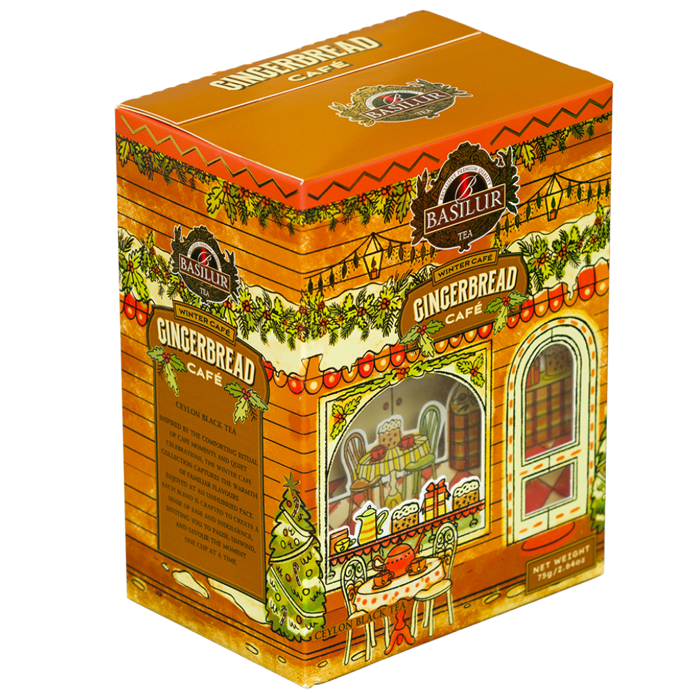 Dekoracyjna puszka Basilur Gingerbread Cafe widoczna z boku, zimowa herbata piernikowa