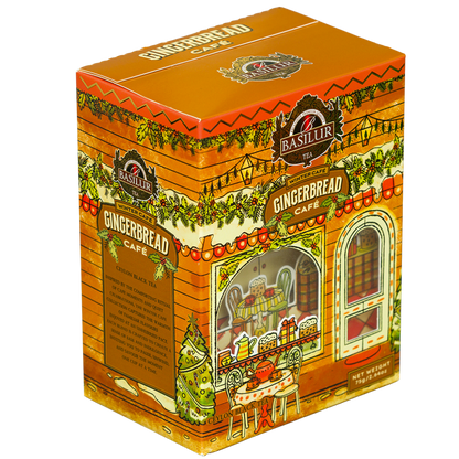 Dekoracyjna puszka Basilur Gingerbread Cafe widoczna z boku, zimowa herbata piernikowa
