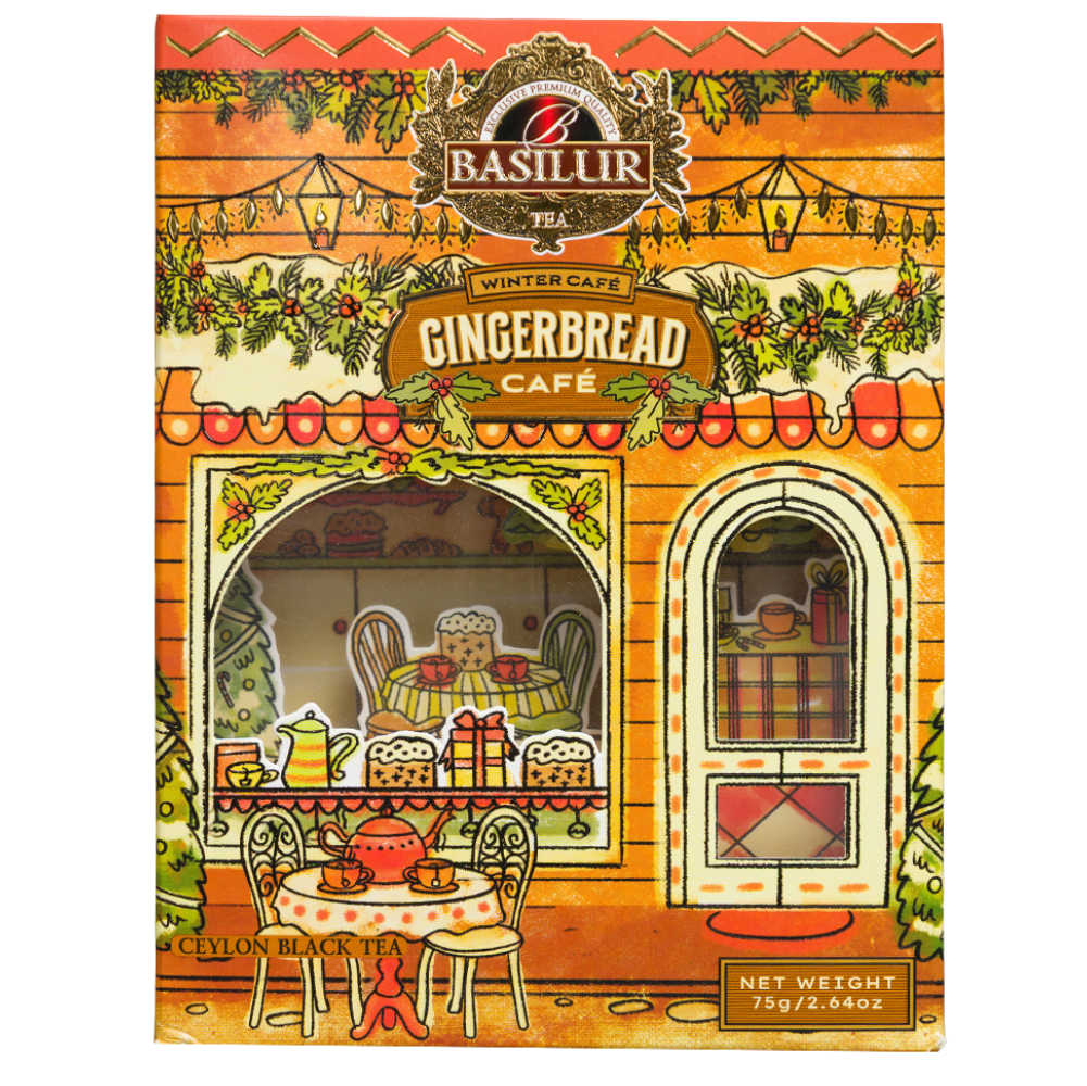 Herbata czarna Basilur Gingerbread Cafe w dekoracyjnej puszce z motywem zimowej kawiarni