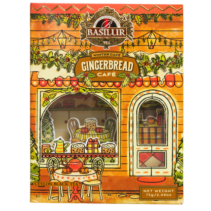 Herbata czarna Basilur Gingerbread Cafe w dekoracyjnej puszce z motywem zimowej kawiarni