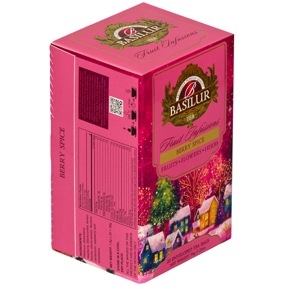 Basilur Winter Spice herbata owocowa 20 kopert, opakowanie widziane z boku