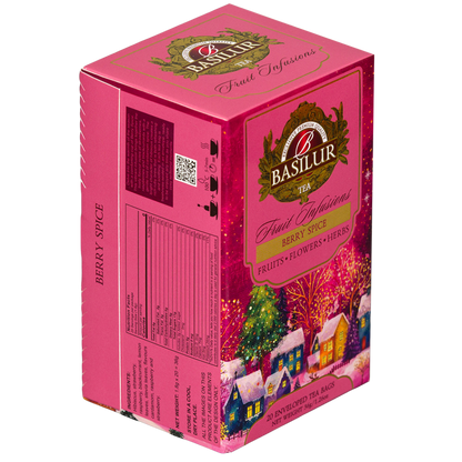 Basilur Winter Spice herbata owocowa 20 kopert, opakowanie widziane z boku