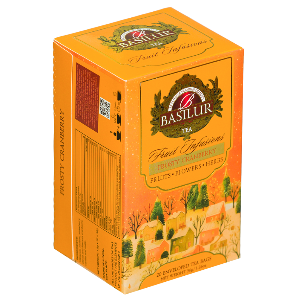 Basilur Frosty Cranberry, pomarańczowe pudełko z zimowym krajobrazem, widok z przodu i z boku