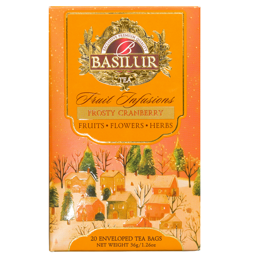 Przód opakowania Basilur Frosty Cranberry, napar z rooibosem w 20 kopertach po 1,8 g