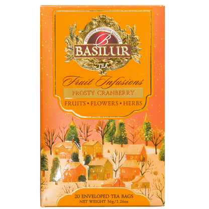 Przód opakowania Basilur Frosty Cranberry, napar z rooibosem w 20 kopertach po 1,8 g