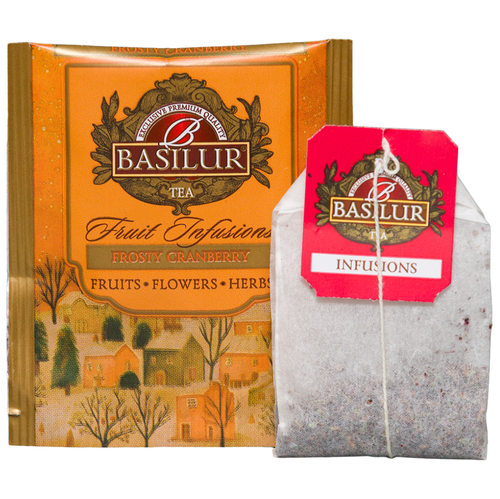 Basilur Frosty Cranberry, owocowa saszetka i pojedyncza koperta w zestawie Fruit Infusions vol. II