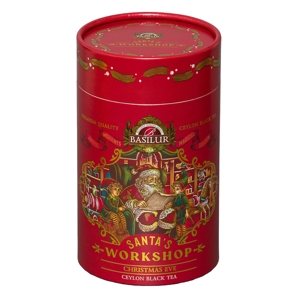 Herbata czarna Basilur Christmas Eve, czerwona tuba Santa's Workshop widziana lekko z góry