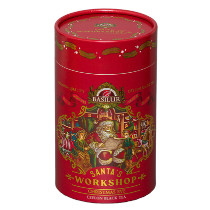 Herbata czarna Basilur Christmas Eve, czerwona tuba Santa's Workshop widziana lekko z góry