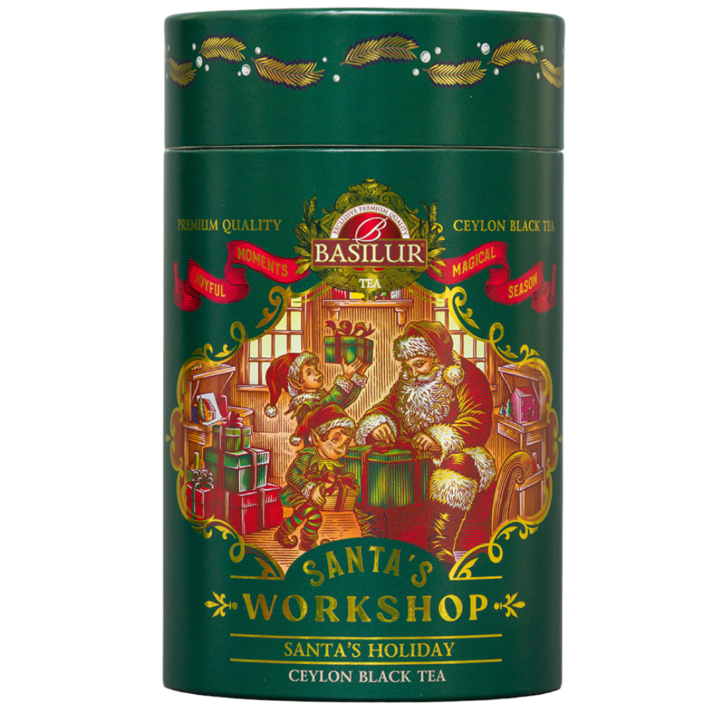 Herbata czarna Basilur Santa's Holiday 75 g, przód zielonej świątecznej tuby z Mikołajem i elfami