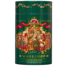 Herbata czarna Basilur Santa's Holiday 75 g, przód zielonej świątecznej tuby z Mikołajem i elfami
