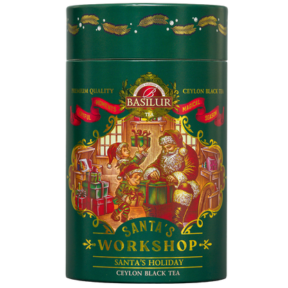 Herbata czarna Basilur Santa's Holiday 75 g, przód zielonej świątecznej tuby z Mikołajem i elfami