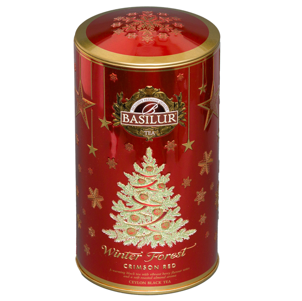 Basilur Crimson Red czarna herbata cejlońska w ozdobnej czerwonej puszce Winter Forest