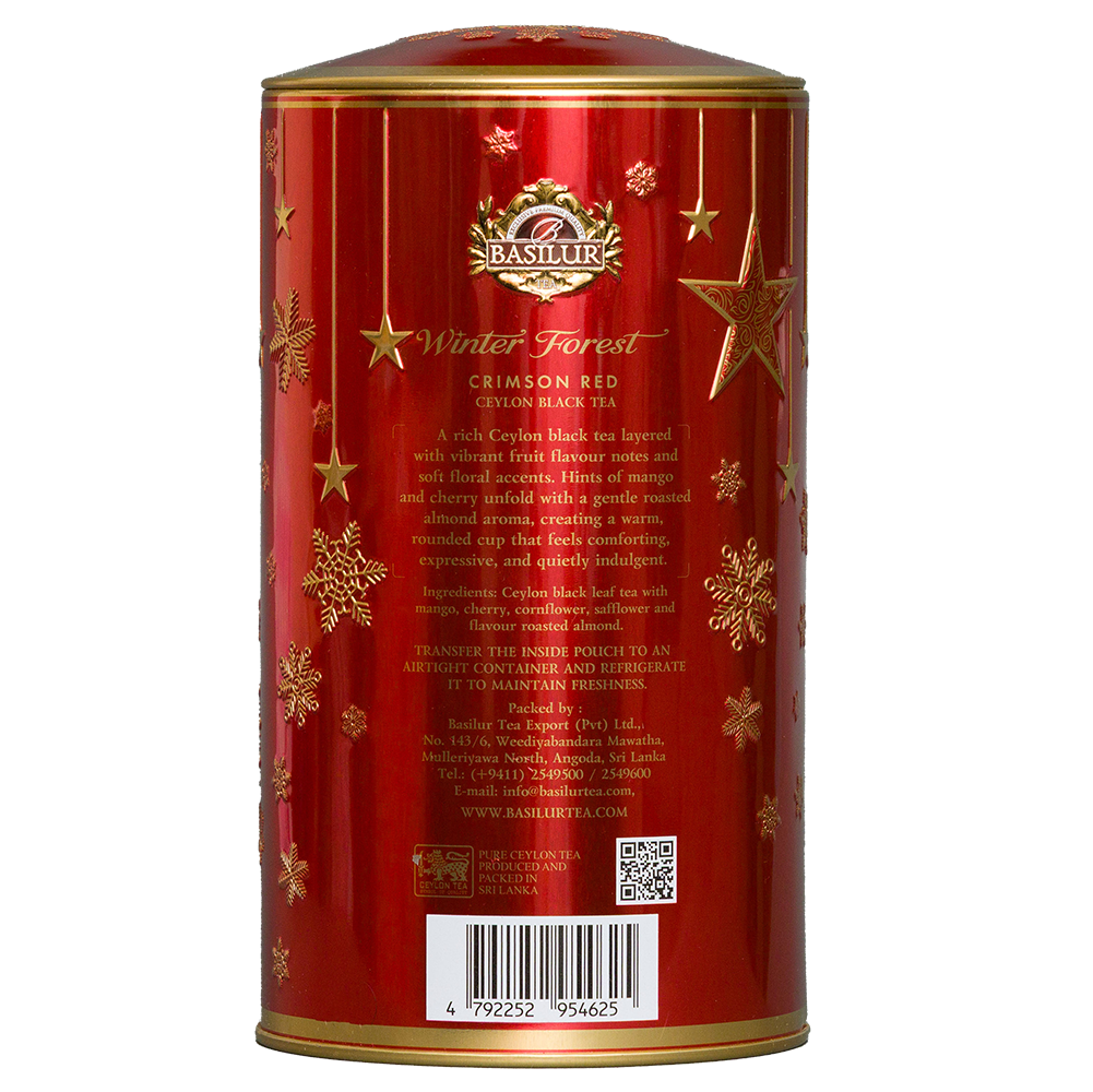1. Tylna część puszki herbaty Basilur Crimson Red z informacjami o składzie produktu