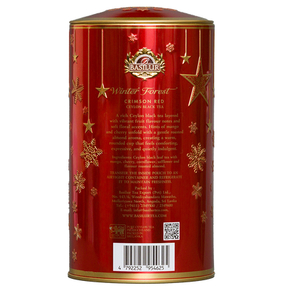 1. Tylna część puszki herbaty Basilur Crimson Red z informacjami o składzie produktu