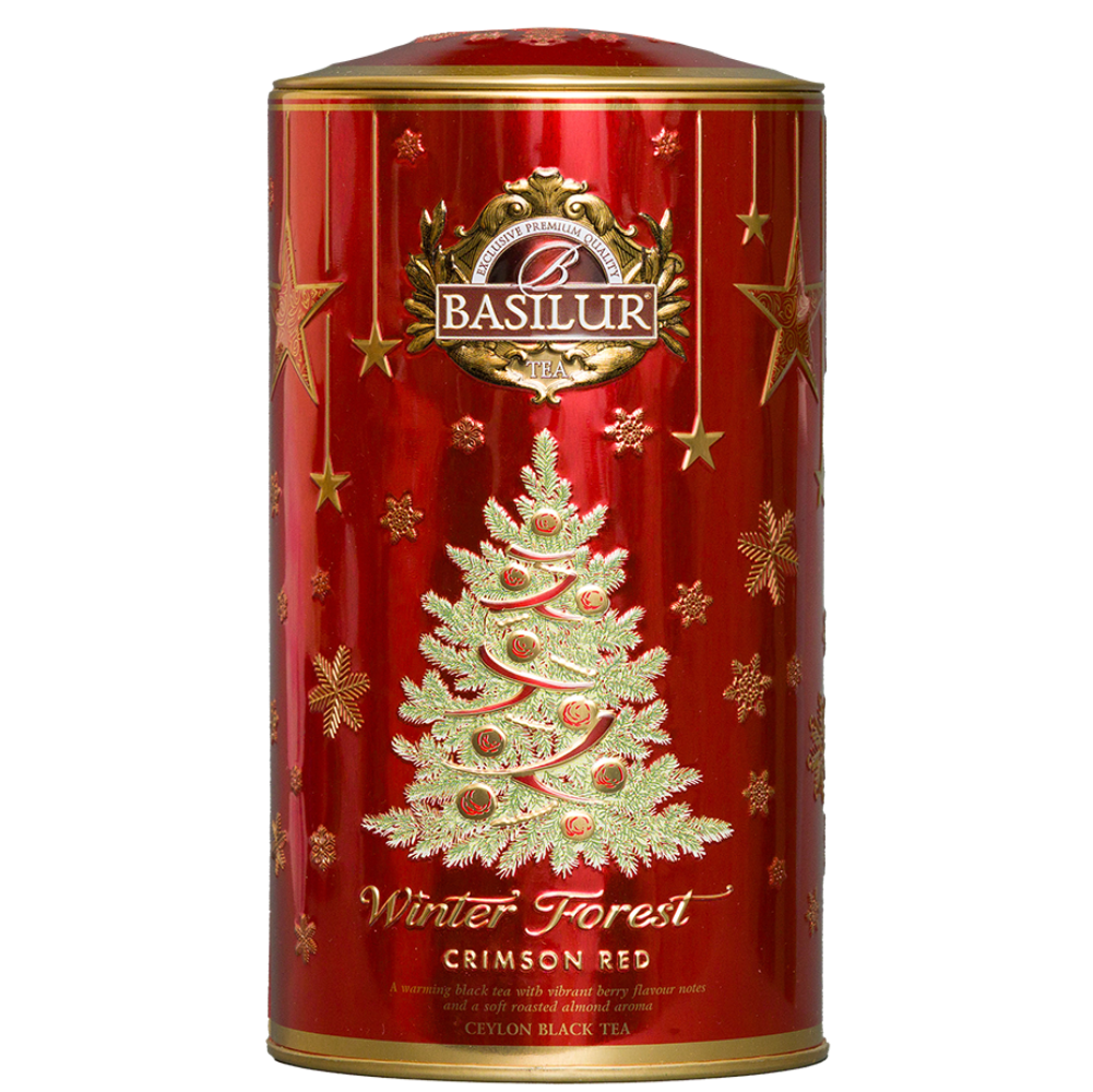 Herbata czarna Basilur Crimson Red w czerwonej świątecznej puszce z motywem choinki