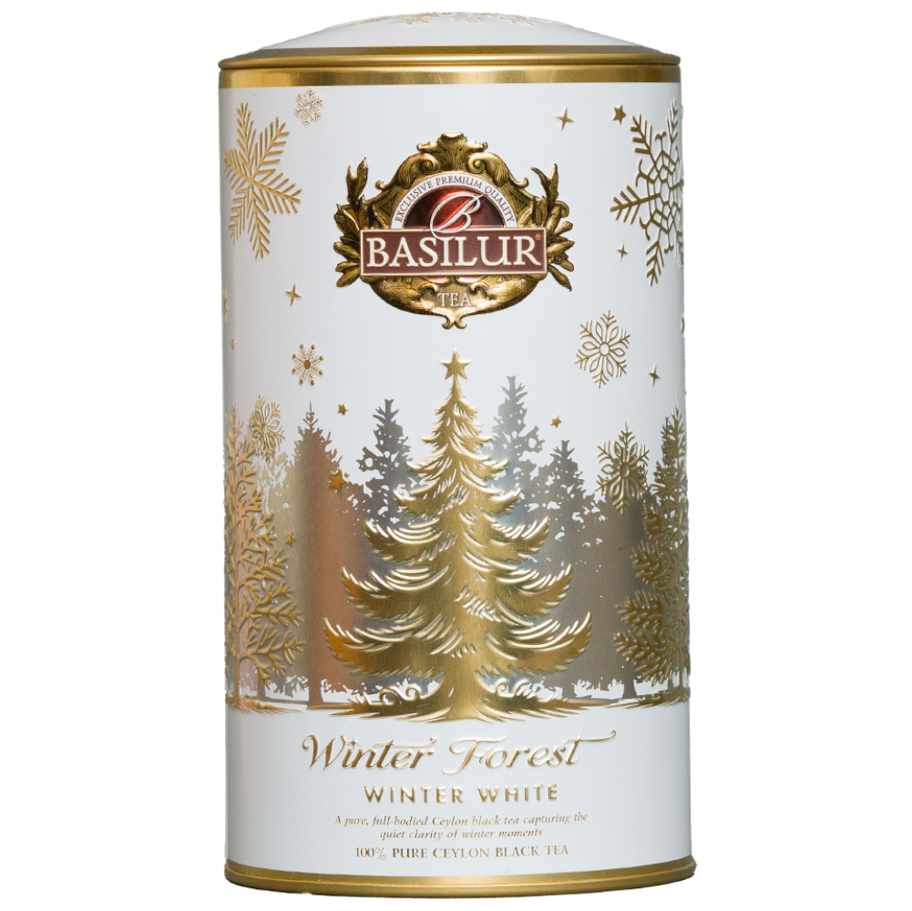 Herbata czarna Basilur Winter White w białej świątecznej puszce ze złotym motywem choinki