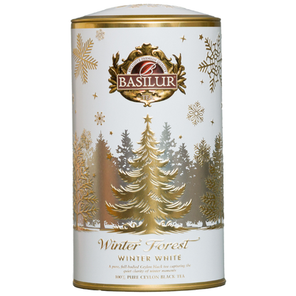 Herbata czarna Basilur Winter White w białej świątecznej puszce ze złotym motywem choinki