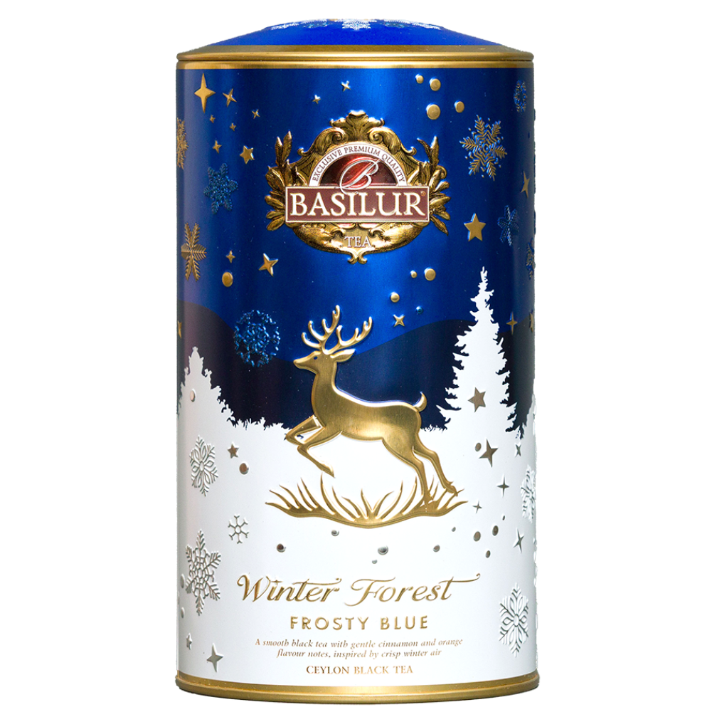 Herbata czarna Basilur Winter Forest w dekoracyjnej zimowej puszce z motywem złotego renifera