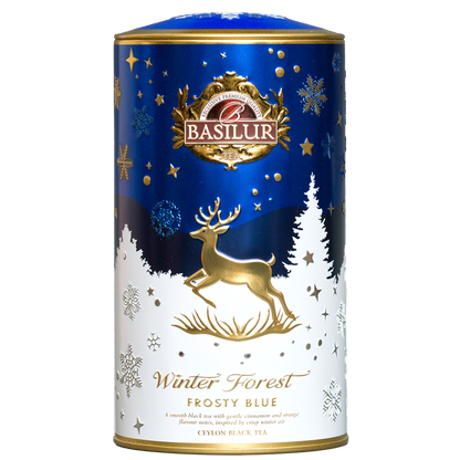 Herbata czarna Basilur Winter Forest w dekoracyjnej zimowej puszce z motywem złotego renifera