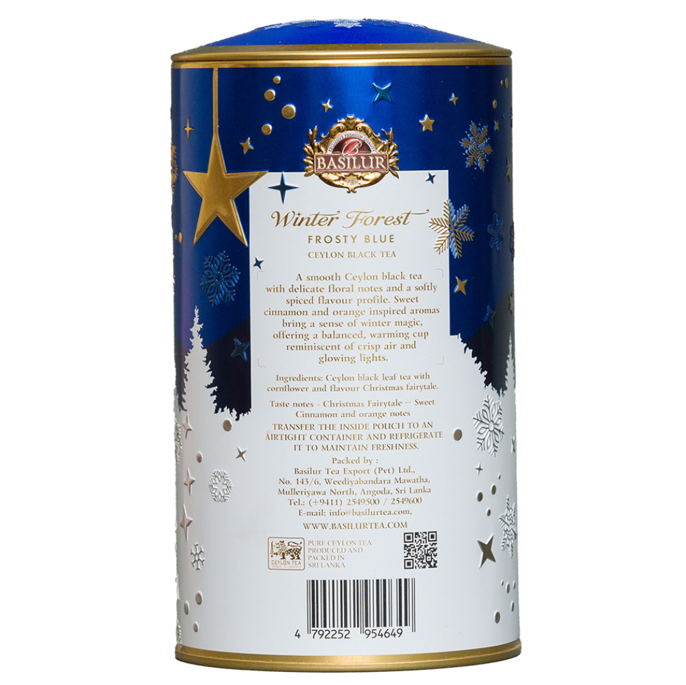 Tylna część puszki herbaty czarnej Basilur Winter Forest z opisem produktu i składem