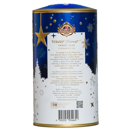 Tylna część puszki herbaty czarnej Basilur Winter Forest z opisem produktu i składem