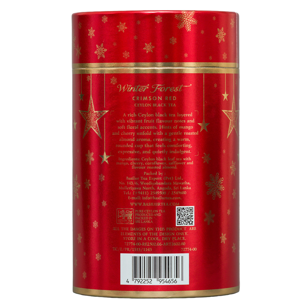 Tył czerwonej tuby Basilur Crimson Red 75 g z opisem i składem herbaty