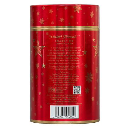Tył czerwonej tuby Basilur Crimson Red 75 g z opisem i składem herbaty