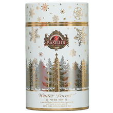 Basilur Winter White 75 g, front białej zimowej tuby z motywem złotego lasu
