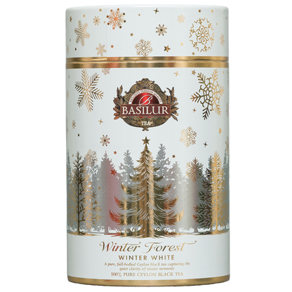 Basilur Winter White 75 g, front białej zimowej tuby z motywem złotego lasu