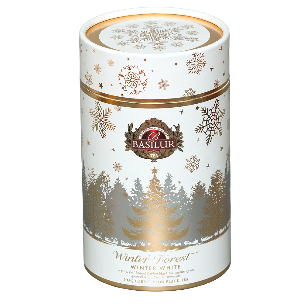 Basilur Winter White tuba 75 g widoczna pod kątem wraz z dekoracyjnym wieczkiem