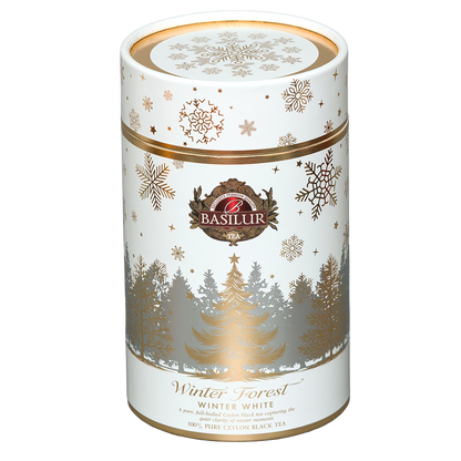 Basilur Winter White tuba 75 g widoczna pod kątem wraz z dekoracyjnym wieczkiem