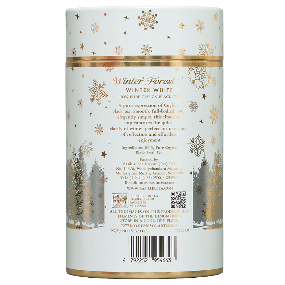 Tył tuby Basilur Winter White z etykietą składu 100% czarnej herbaty cejlońskiej