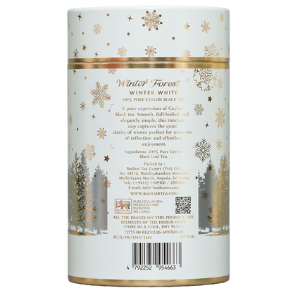 Tył tuby Basilur Winter White z etykietą składu 100% czarnej herbaty cejlońskiej