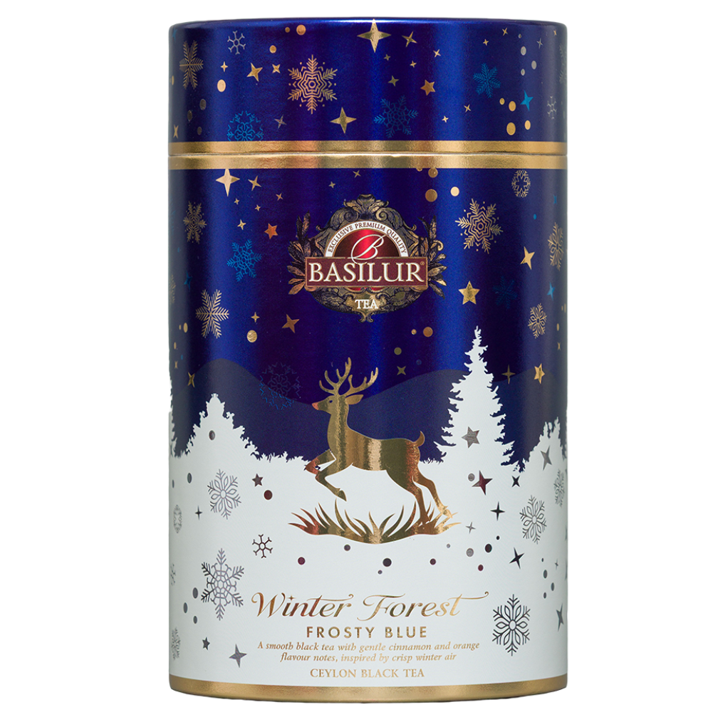 Herbata Basilur Frosty Blue w zimowej tubie, widok z przodu
