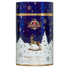 Herbata Basilur Frosty Blue w zimowej tubie, widok z przodu