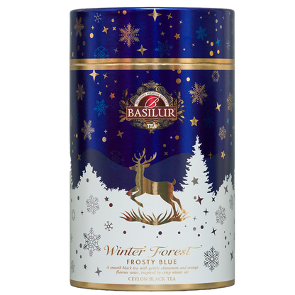 Herbata Basilur Frosty Blue w zimowej tubie, widok z przodu