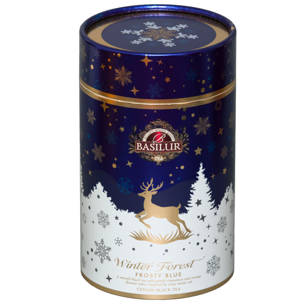 Basilur Frosty Blue, ozdobna tuba 75 g z widocznym wieczkiem