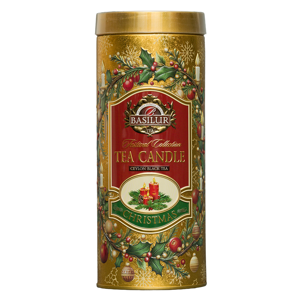 Herbata czarna Basilur Gold Edition w dekoracyjnej złotej puszce z motywami świątecznymi.