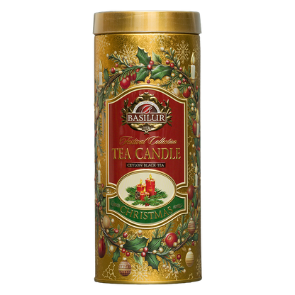 Herbata czarna Basilur Gold Edition w dekoracyjnej złotej puszce z motywami świątecznymi.