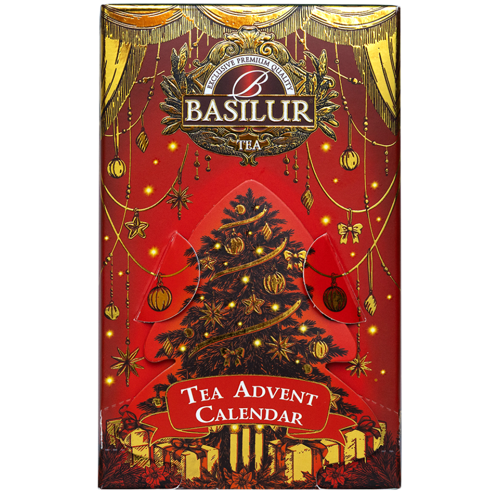 Przód czerwono-złotego kalendarza adwentowego Basilur Advent Calendar Red Small z choinką i prezentami