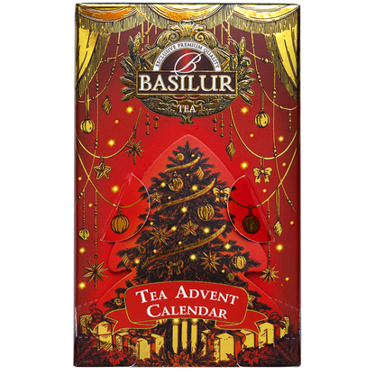 Przód czerwono-złotego kalendarza adwentowego Basilur Advent Calendar Red Small z choinką i prezentami