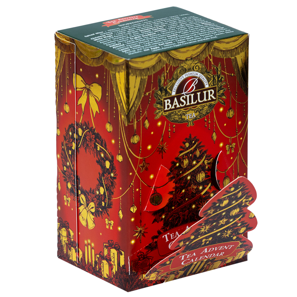 Opakowanie Basilur Advent Calendar Red Small widziane z góry i boku z wysuniętą choinką