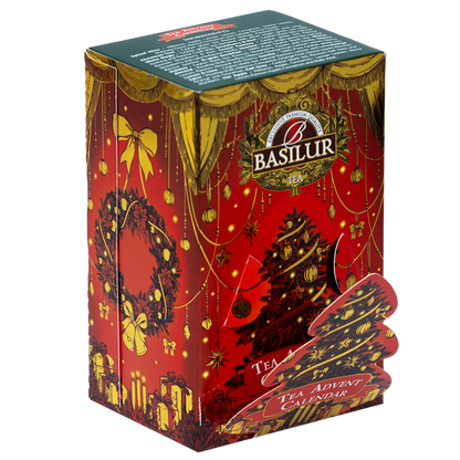 Opakowanie Basilur Advent Calendar Red Small widziane z góry i boku z wysuniętą choinką