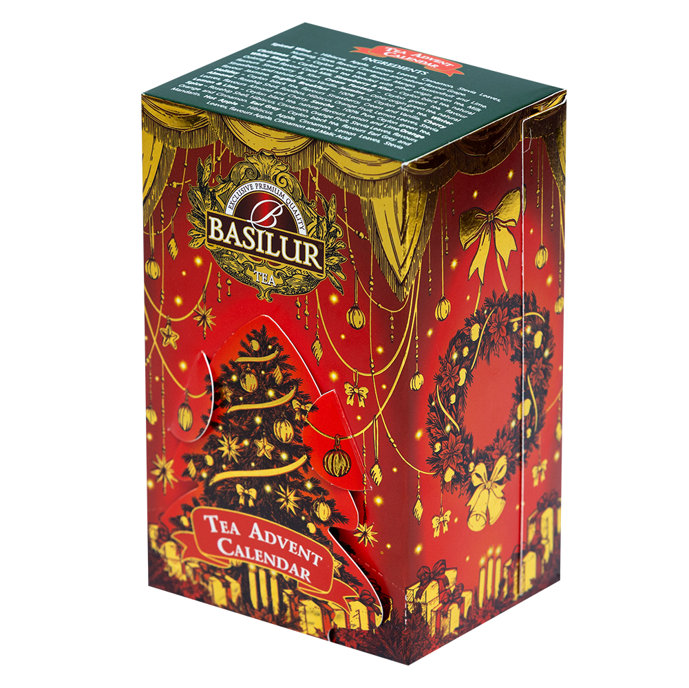 Boczny widok kalendarza herbacianego Basilur Advent Calendar Red Small ze złotymi dekoracjami