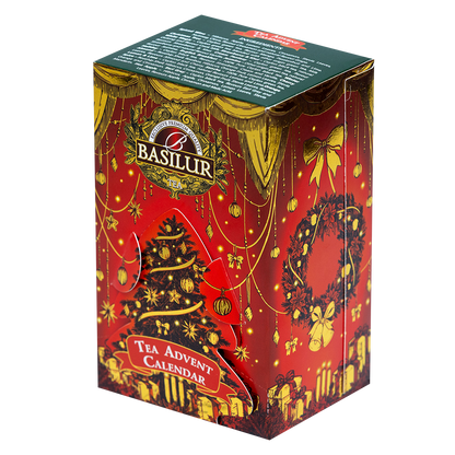 Boczny widok kalendarza herbacianego Basilur Advent Calendar Red Small ze złotymi dekoracjami