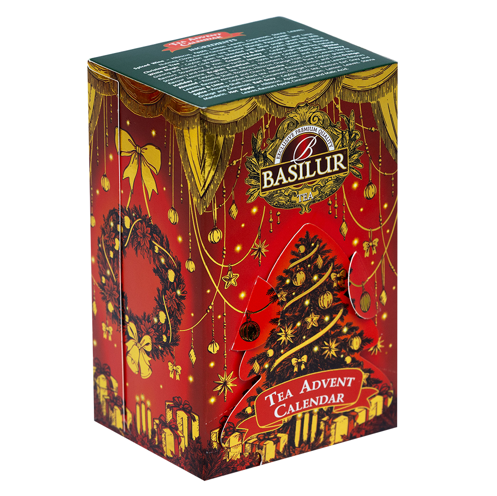 Rozłożona choinka kalendarza Basilur Tea Advent Calendar Red Small, widok z boku pudełka