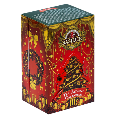 Rozłożona choinka kalendarza Basilur Tea Advent Calendar Red Small, widok z boku pudełka