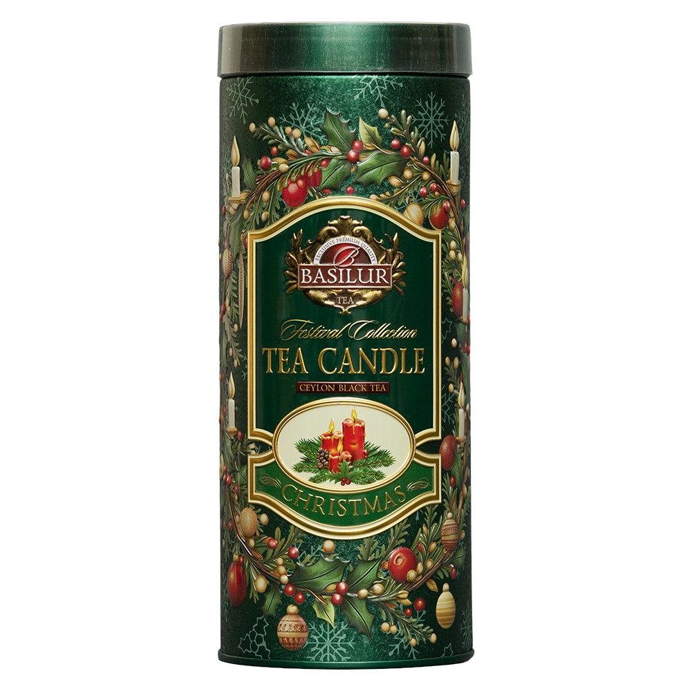 Czarne liście herbaty Basilur Tea Candle Green z płatkami bławatka