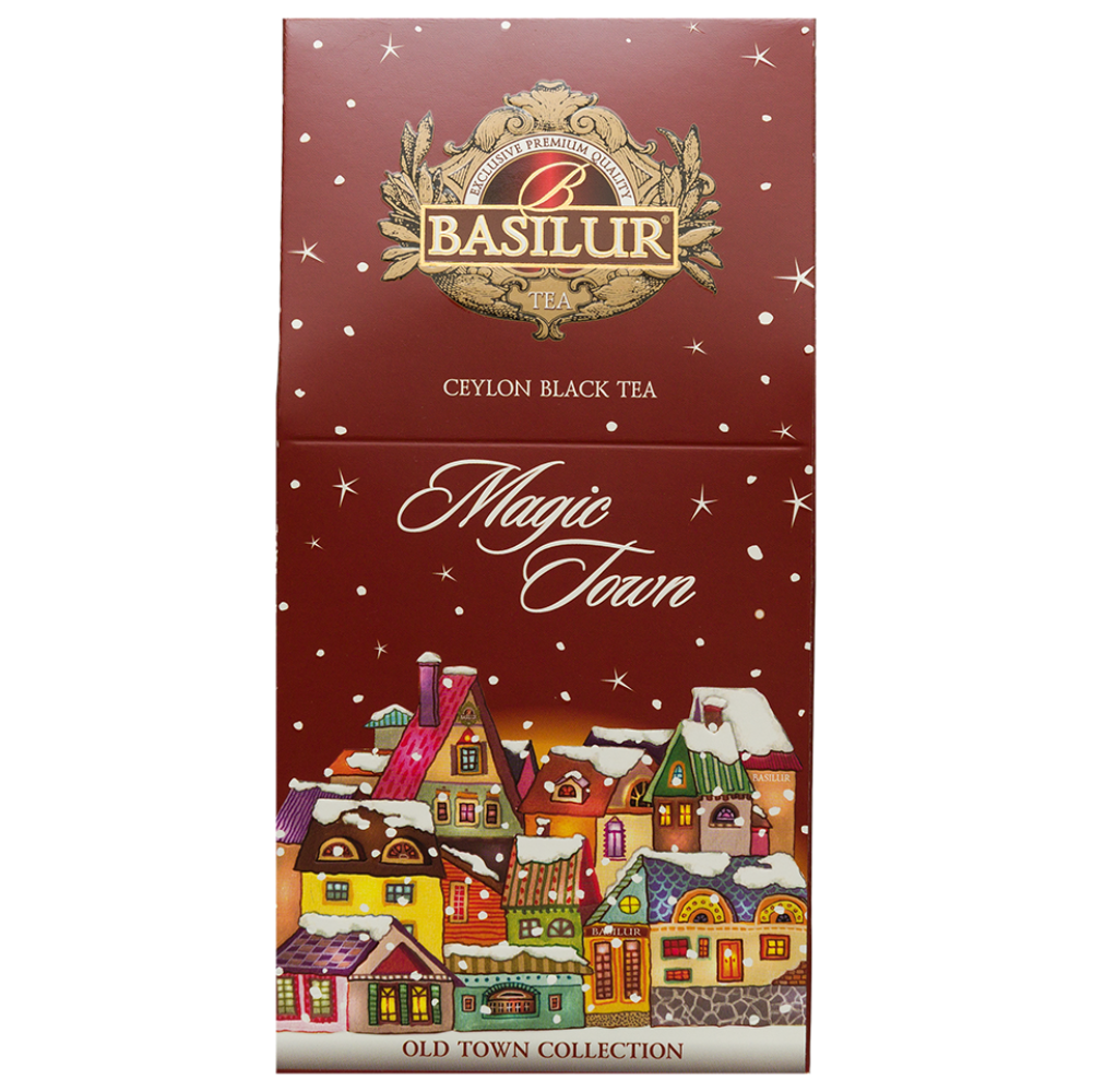 Herbata Basilur Magic Town 75 g, czerwone kartonowe opakowanie z ilustracją ośnieżonego miasteczka